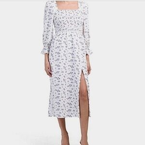 Cottagecore linen floral blue and white midi dress